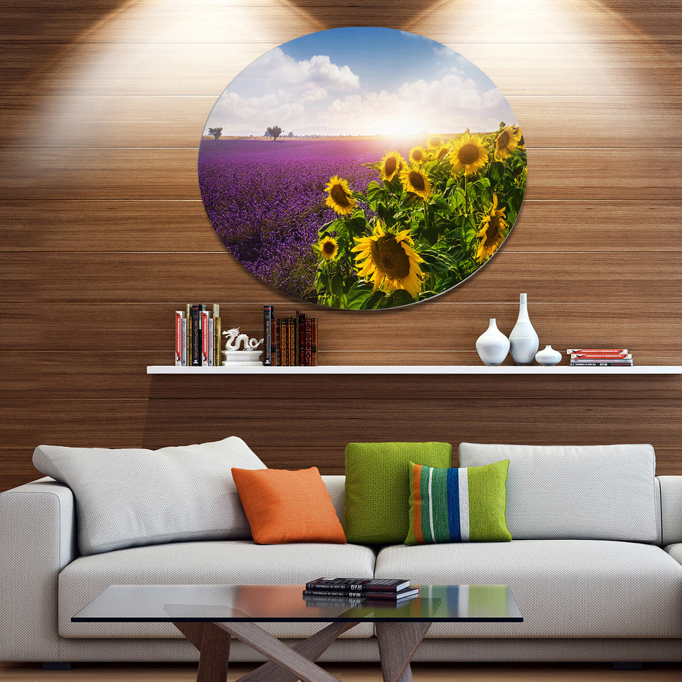 Lavender And Sunflower Fields, Floral Round Wall Art, 11"