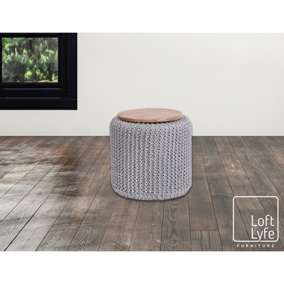 Loft Lyfe Marbella Ottoman, Hand Knitted, Wooden Tray, Cotton Yarn, Light Gray
