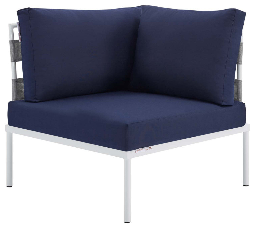 Sectional Sofa Chair Table Set, Sunbrella, Aluminum, Gray Blue Navy, Outdoor