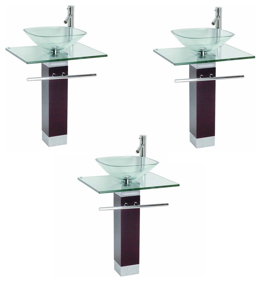 Tempered Glass Pedestal Sink Chrome Faucet Towel Bar and Drain Combo Set of 3