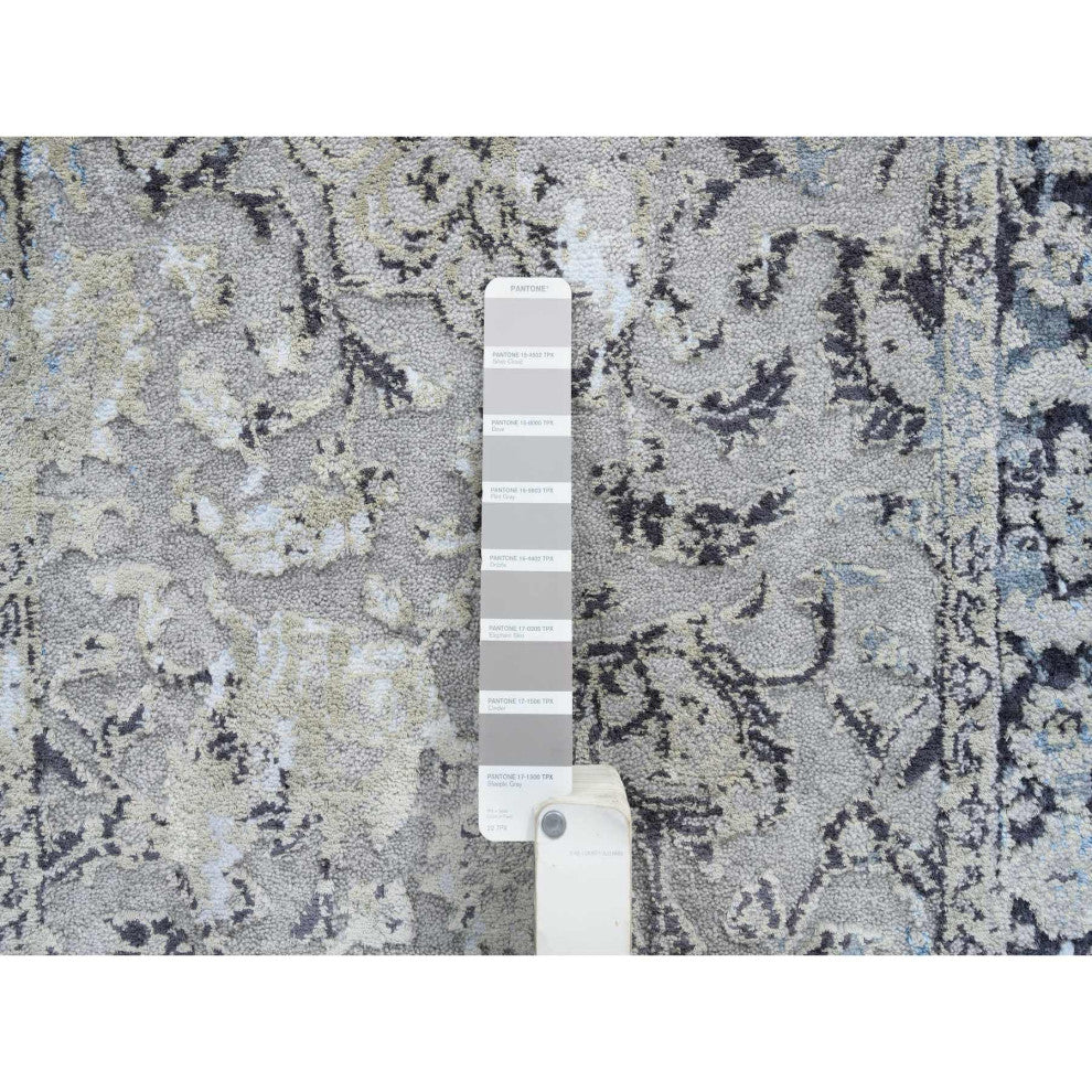 Gray, Hand Knotted Broken Kashan Design, Wool With Silk, Runner Rug, 2'6"x6'1"