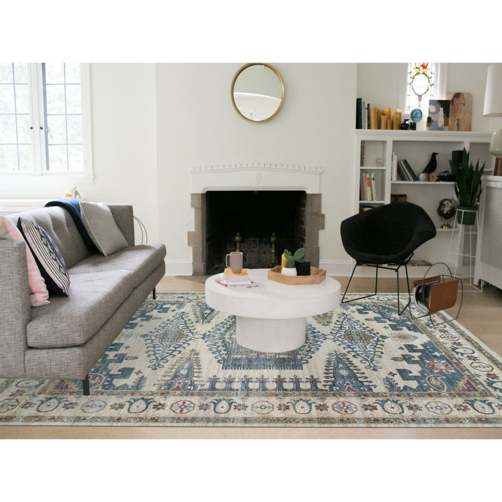 Ivory Hand Knotted Reimagined Viss Design 100% Wool Oriental Rug, 10'x14'