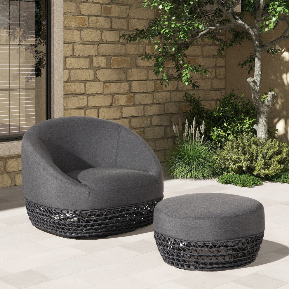 Willow 25" Outdoor Ottoman with Rope Details, Graphite Gray-Black Sunbrella Acrylic