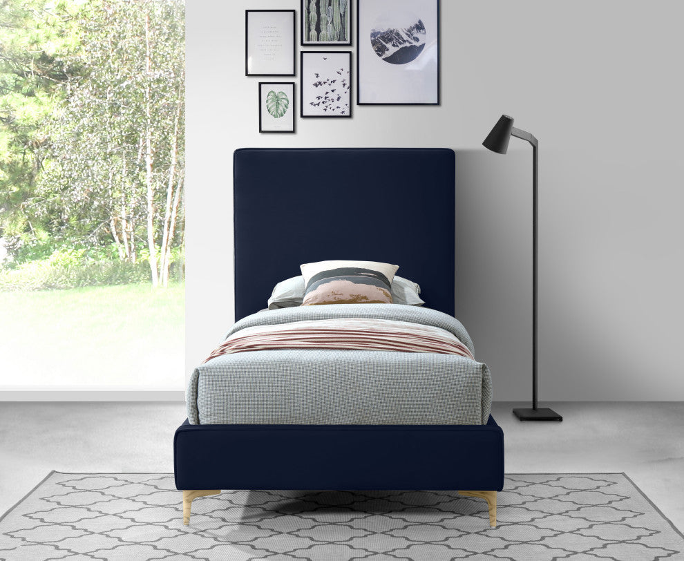 Geri Velvet Upholstered Bed, Navy, Twin
