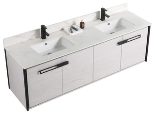 Oakville Wall Mount Bathroom Vanity, Mild Grey Oak, 72", Black Hardware