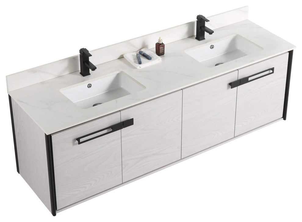 Oakville Wall Mount Bathroom Vanity, Mild Grey Oak, 72", Black Hardware