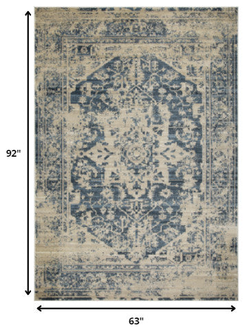 5"x8" Beige Blue Distressed Medallion Area Rug