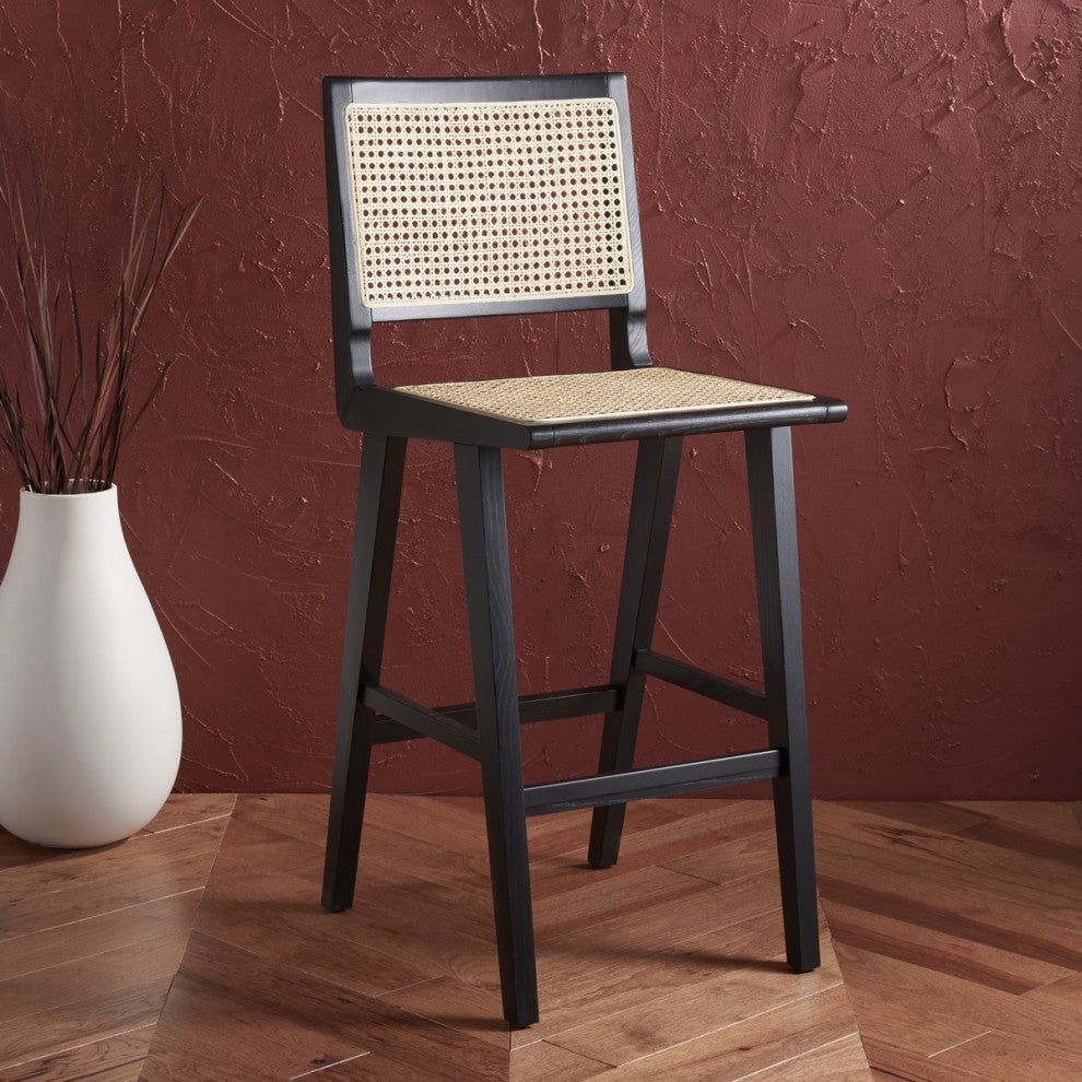 Safavieh Couture Hattie French Cane Barstool, Black/Natural