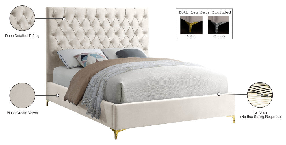 Cruz Velvet Upholstered Bed, Cream, King