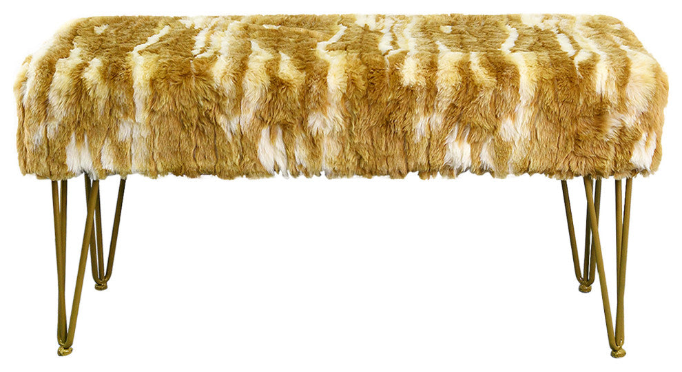 Soft Faux Fur Ottoman Fuzzy Entryway Bench Seat, Gold, 46"x16"x22"