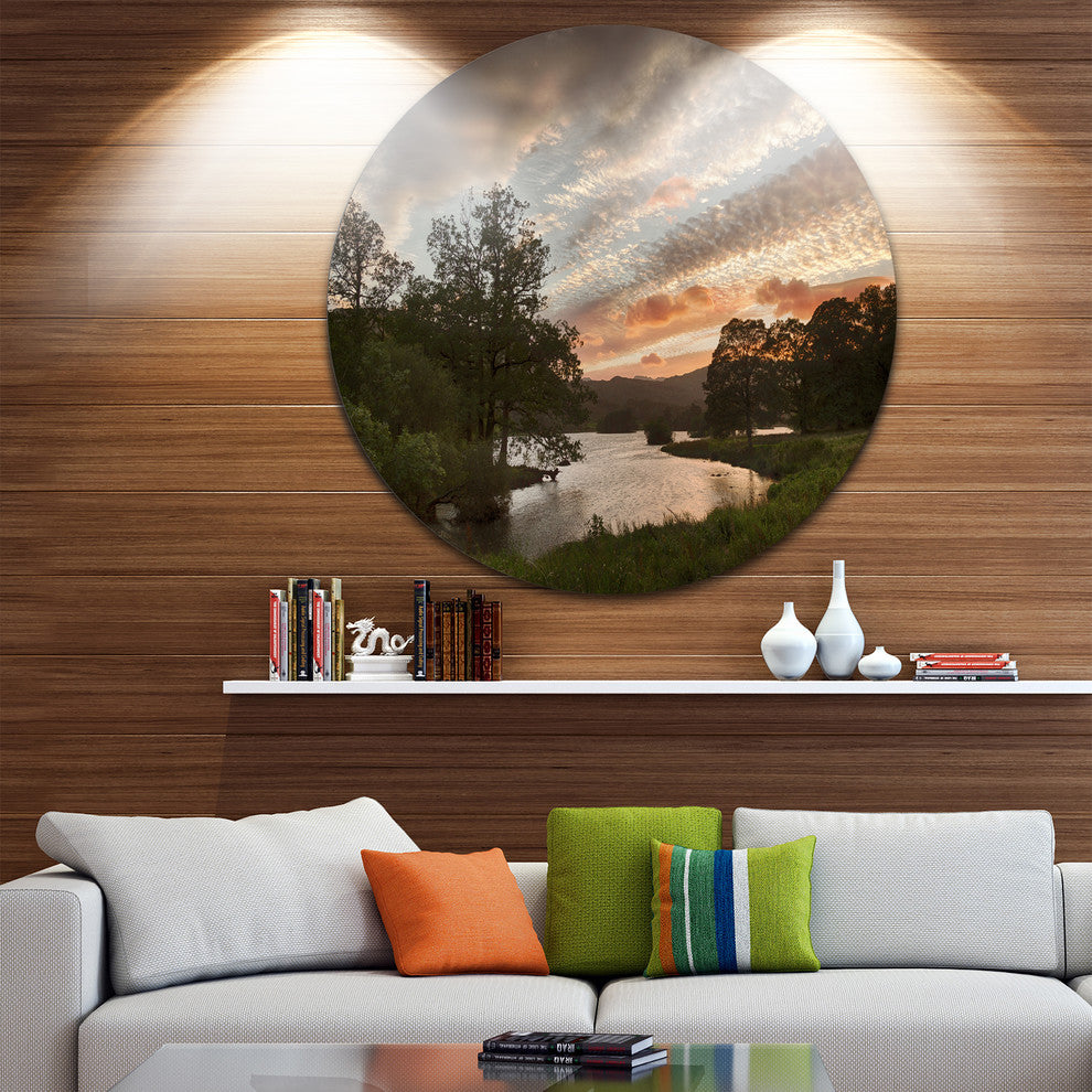 Sunset Over Rydal Waters, Landscape Round Metal Wall Art, 23"
