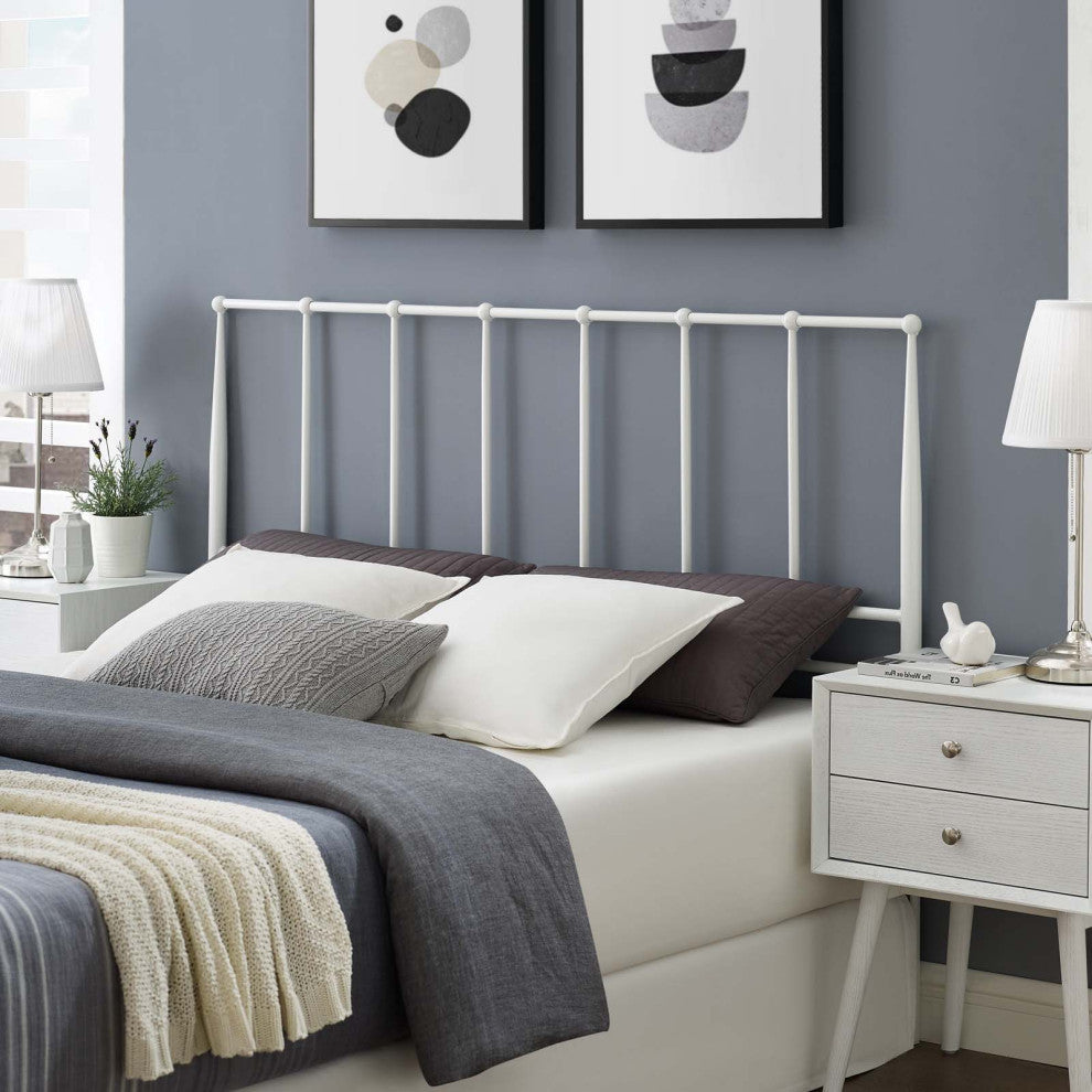 Contemporary Modern Bedroom Queen Size Headbaord, Stainless Steel Metal, White