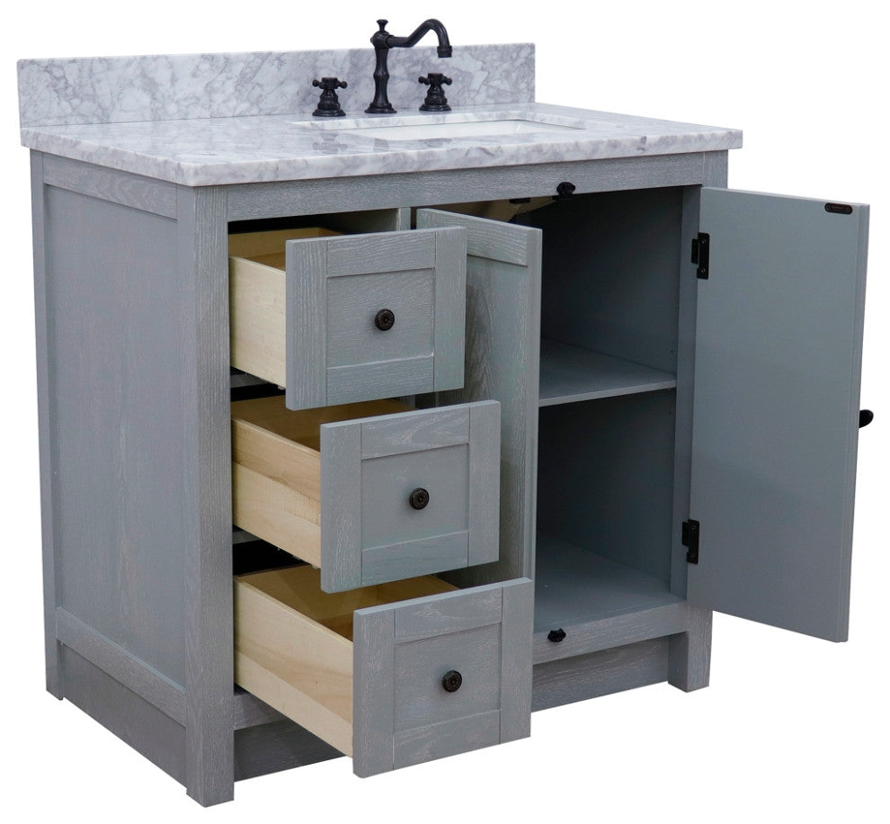 37" Vanity, Gray Ash With White Carrara Top, Right Doors/Right Rectangle Sink