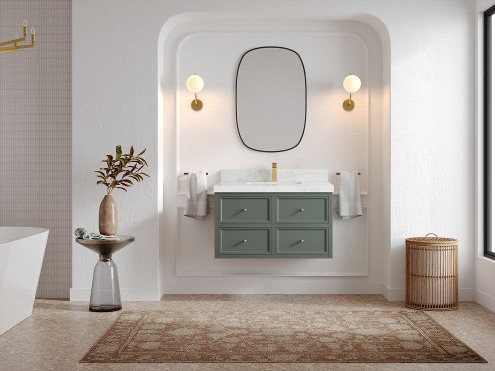 Roswell Floating 42" Single Sink Bath Vanity, Pewter Green 2" Calacatta Nuvo