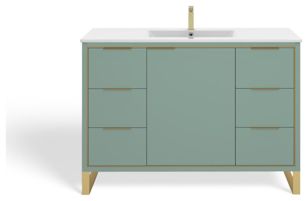 Bradford Bath Vanity, Green, 48", Satin Brass Hardware, Single Sink, Freestanding