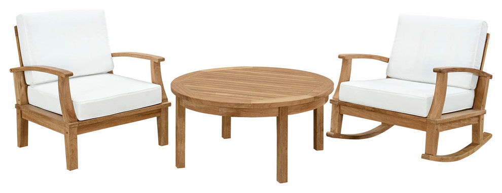 Modern Contemporary 3-Piece Set, Outdoor Patio Teak Sofa Set, White Wood