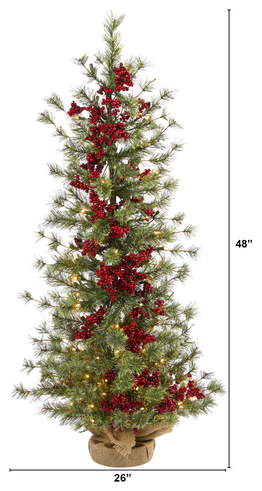 4' Berry and Pine Faux Xmas Tree W/ 100 Warm White Lights & Burlap Wrapped Base