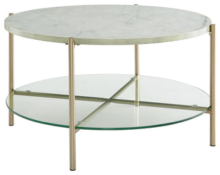 Simone Modern Round Coffee Table - Faux White Marble/Glass/Gold