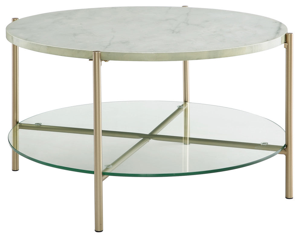 Simone Modern Round Coffee Table - Faux White Marble/Glass/Gold