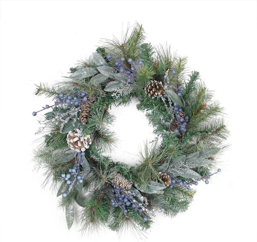Mixed Pine, Blueberries and Snowy Pine Cones Artificial Christmas Wreath, Unlit