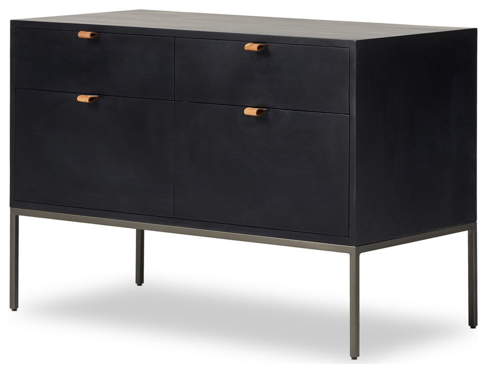 Trey Modular Wide Filing Cabinet Black Wash Poplar, Natural Iron, Toffee Leather