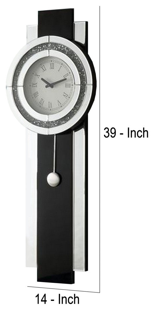 Benzara BM268981 Pendulum Wall Clock With Mirror Trim and Round Shape, Silver