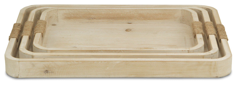 Natural Wood Trays, White Washed, Rope Covered Handles, 3-Piece Set