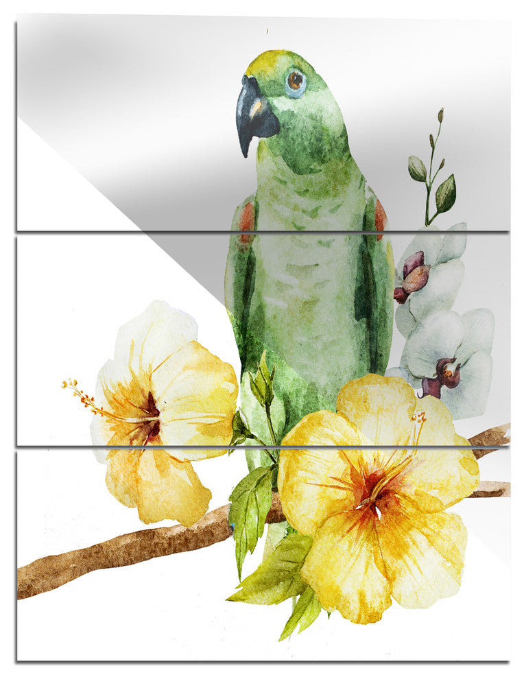 "Parrot With Flowers Watercolor" Painting Metal Wall Art, 3 Panels, 28"x36"