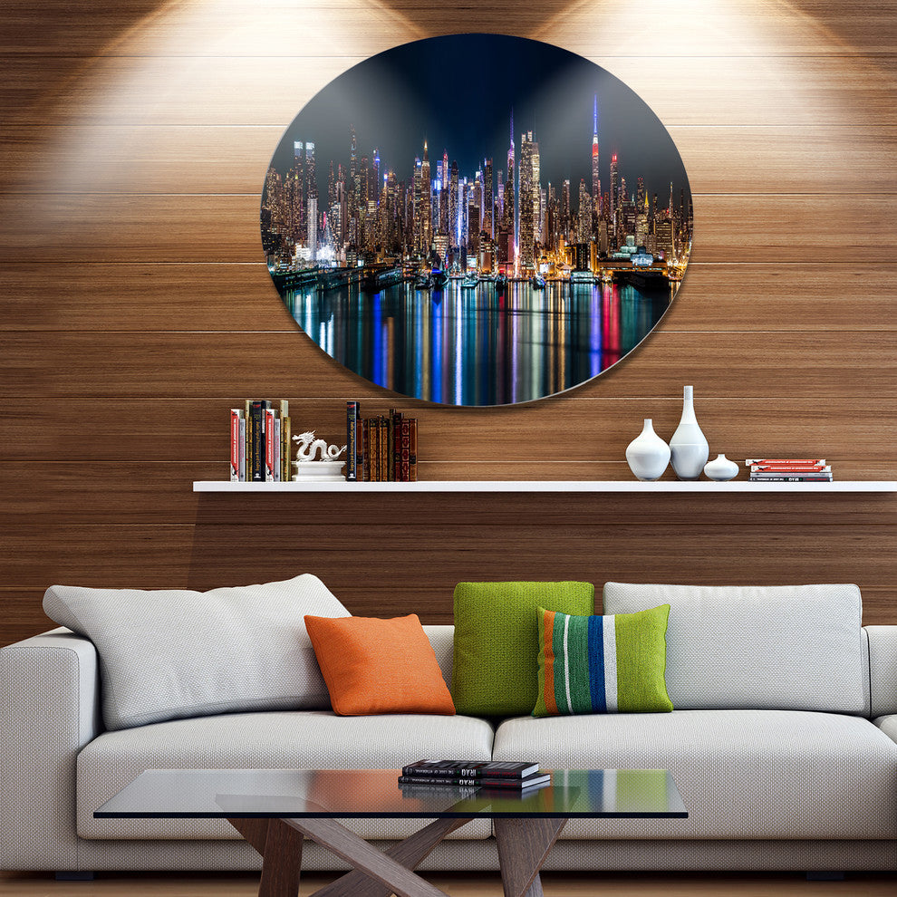 New York Midtown Night Panorama, Cityscape Round Metal Wall Art, 23"
