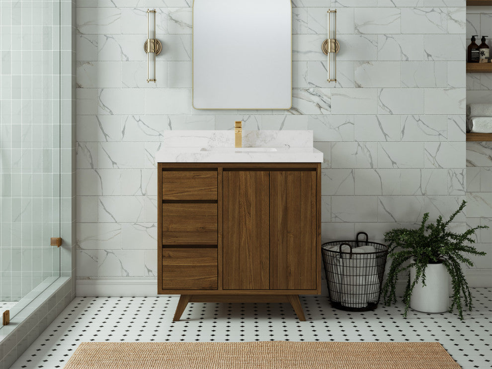 Madison Teak 36 Center Sink Bath Vanity in Dark Natural 2" Calacatta Nuvo