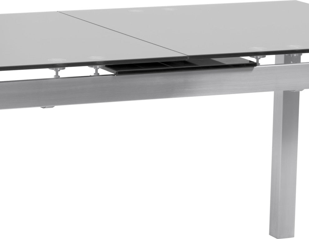 Ivan Extension Dining Table, Brushed Stainless Steel and Gray Tempered Glass Top