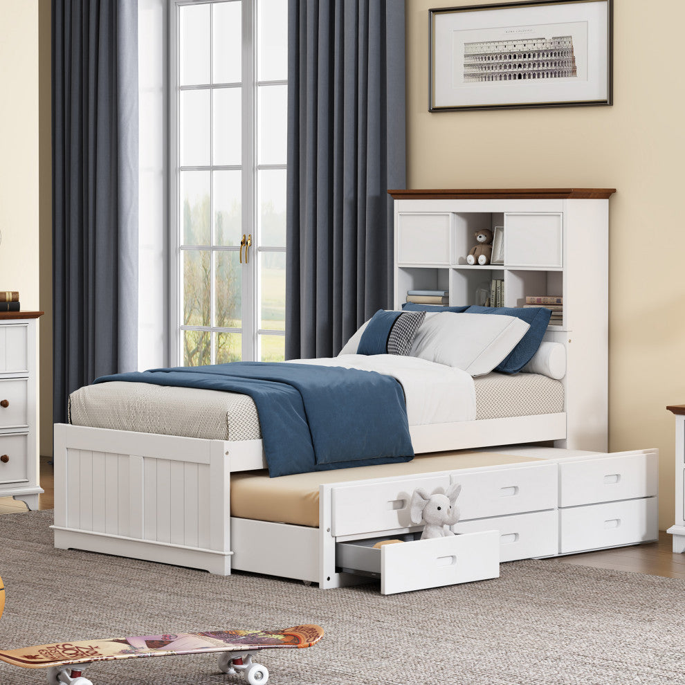 TATEUS Solid Pine Bookcase Bed and 3 Under Bed Drawers in Casual,Twin, Twin