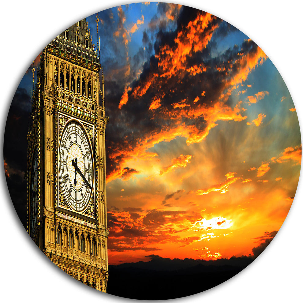 Big Ben London At Sunset Panorama, Round Wall Art Landscape, 11"