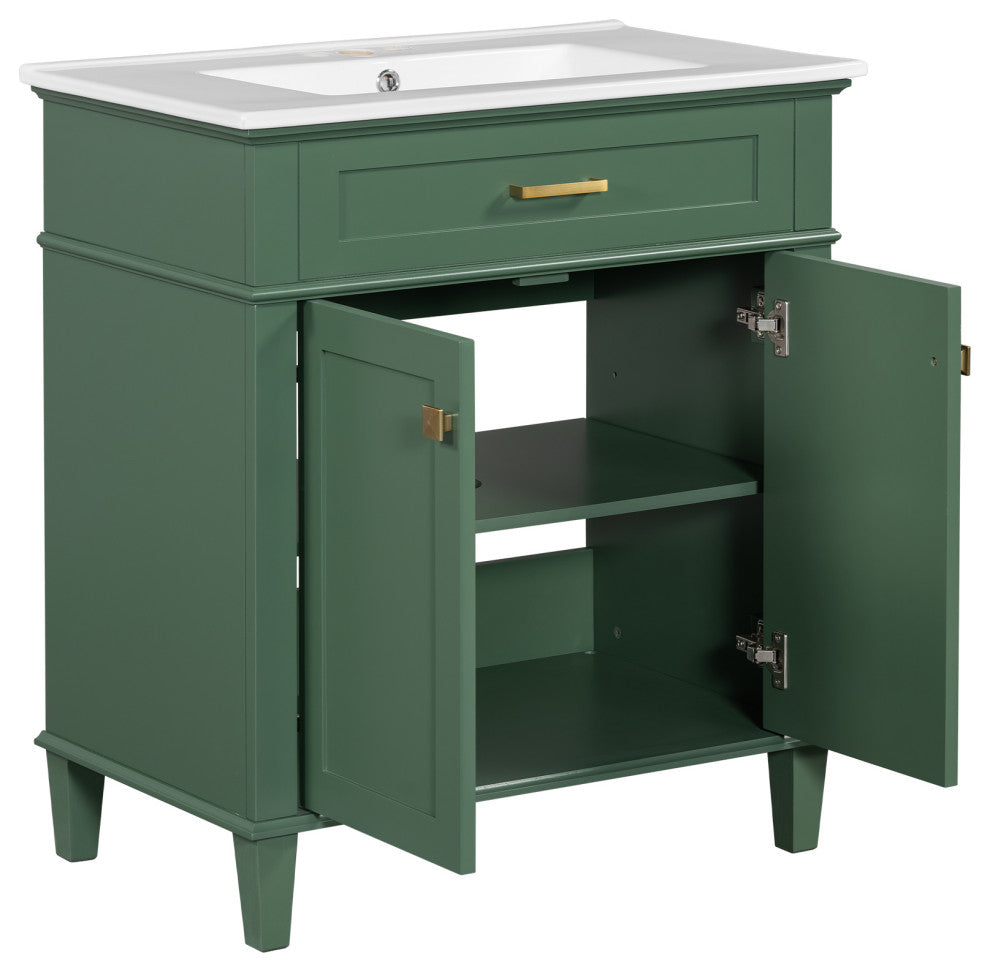 30 Inch Bathroom Vanity with Ceramic Basin, Soft-close Door, Green