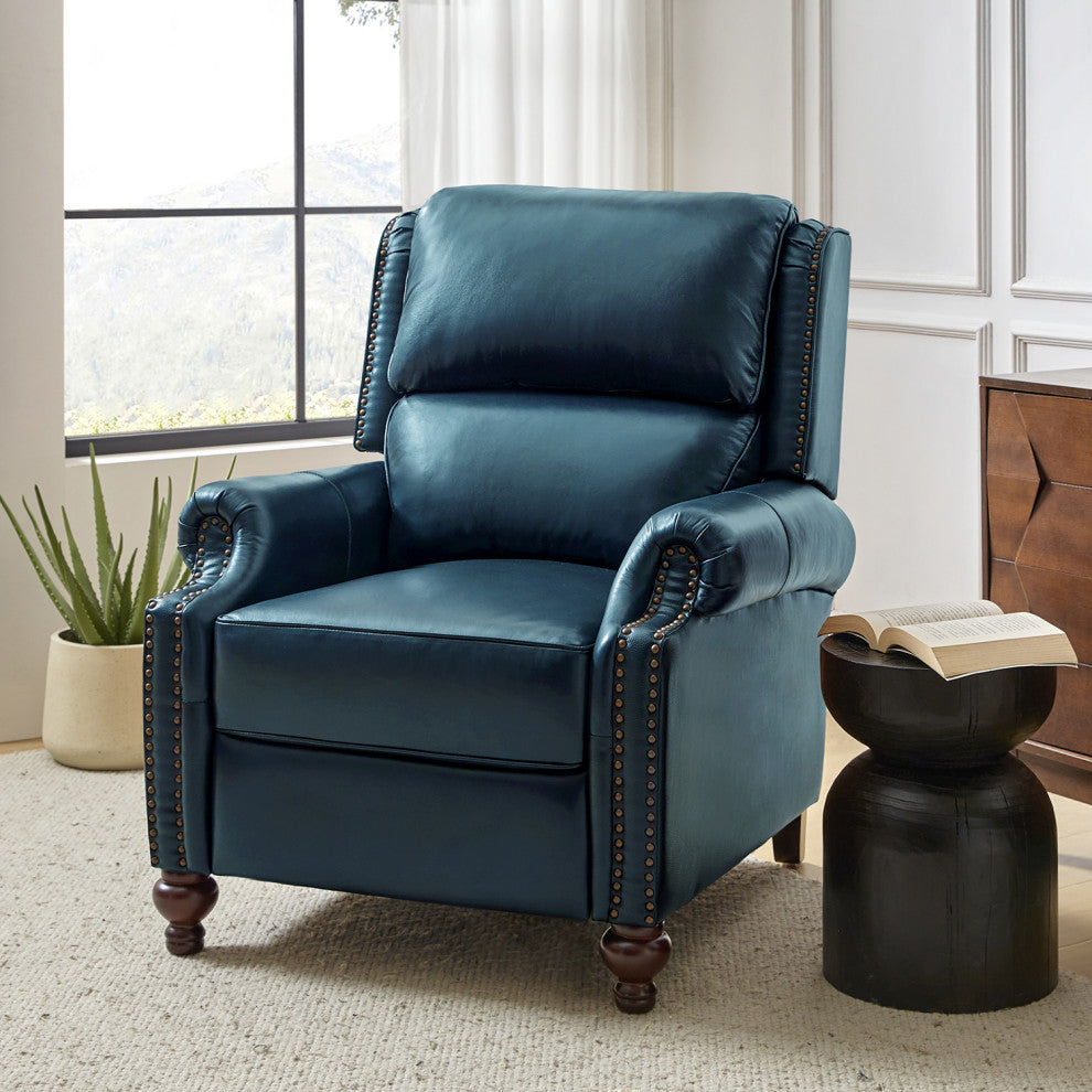 Genuine Leather Cigar Recliner With Nail Head Trim, Turquoise