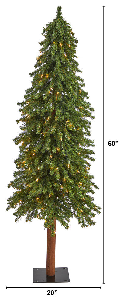 5' Grand Alpine Faux Xmas Tree W/200 Lights & Bendable Branches W/Natural Trunk