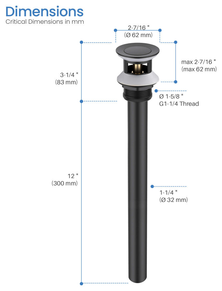 Bathroom Sink Pop Up Drain Stopper, 12" Tailpiece With Overflow KPW104, Matte Black