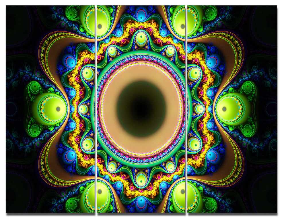 Green Fractal Pattern with Circles, Abstract Canvas Art Print, 36x28, 3 Panels