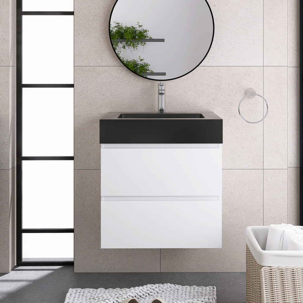 Wood Wall-Mounted Bathroom Vanity Set with Black Integrated Quartz Sand Sink, White, 24"