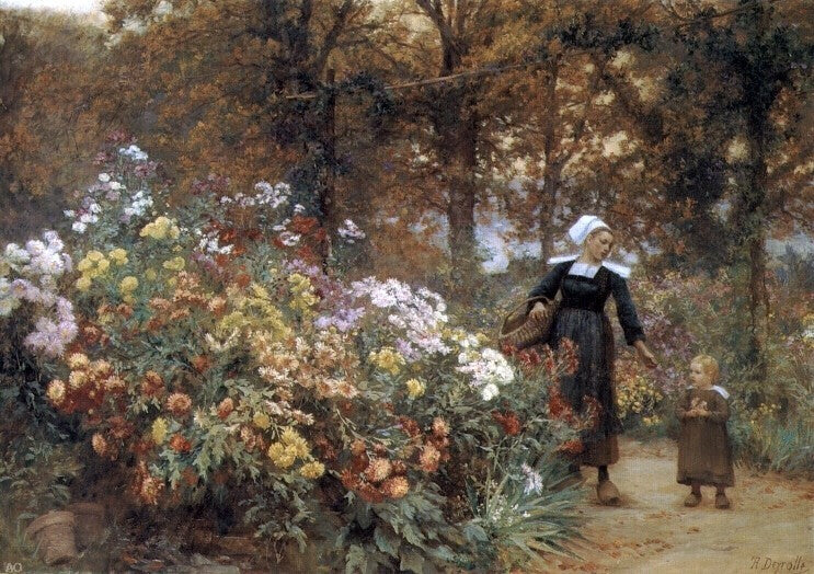 Theophile-Louis Deyrolle Picking Flowers, Gallery Wrapped Canvas, 18"x27"