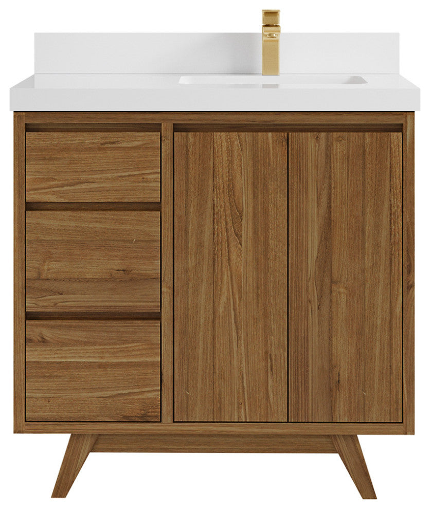 Madison Teak 36 Right Offset Bath Vanity in Dark Natural 2" White Quartz