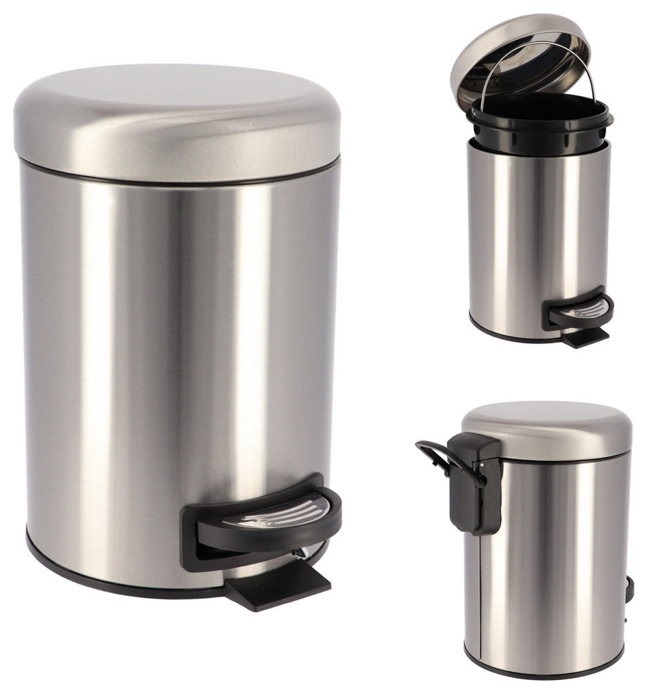 Evideco Soft Close Small Round Metal Floor Step Trash Can Waste Bin, Chrome