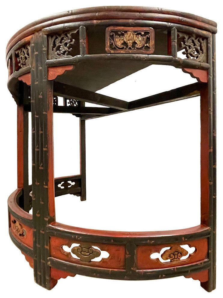 Consigned 19th Century Antique Chinese Carved Red lacquered Half Moon Tables
