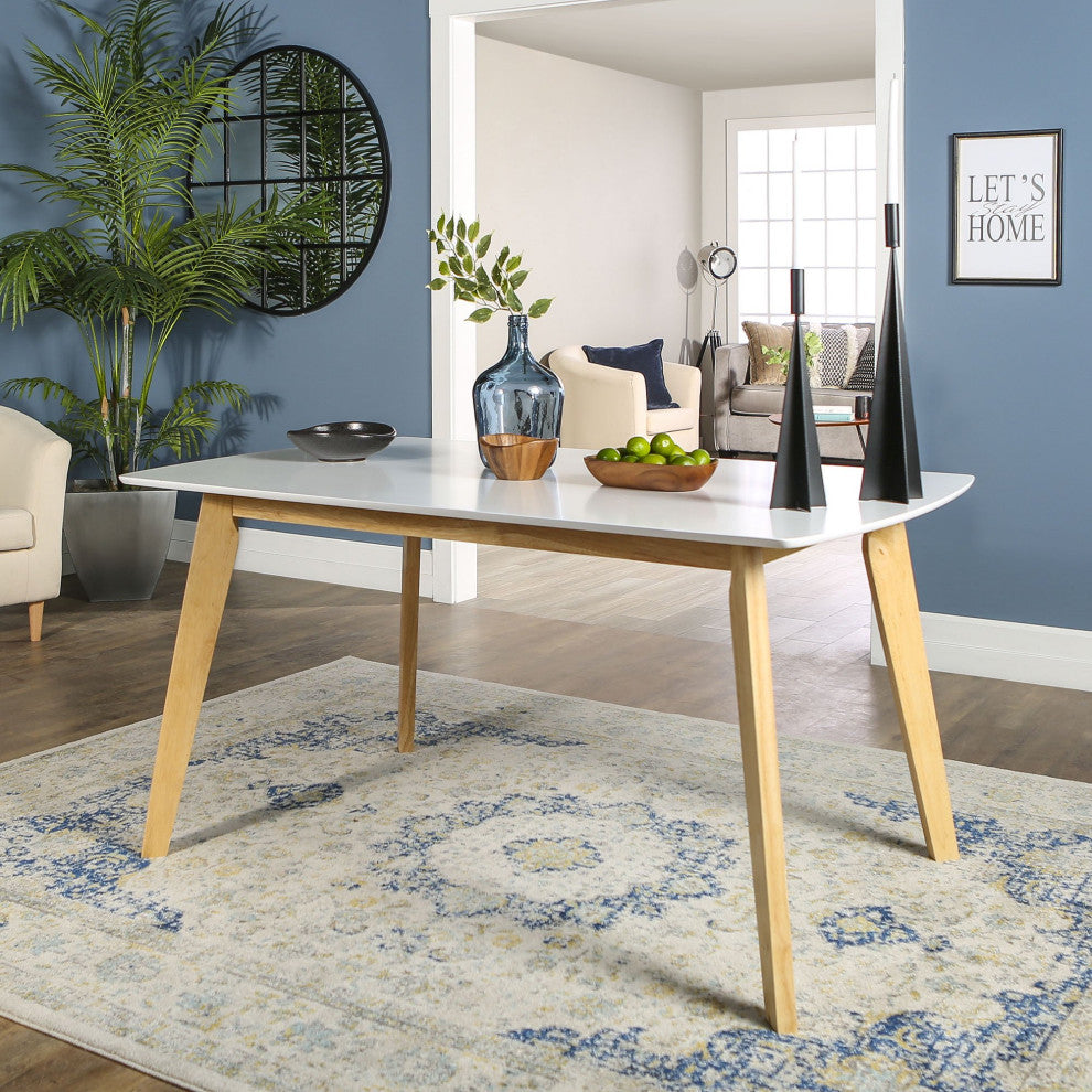 Midcentury Dining Table, Angled Natural Legs With Rectangular White Finished Top
