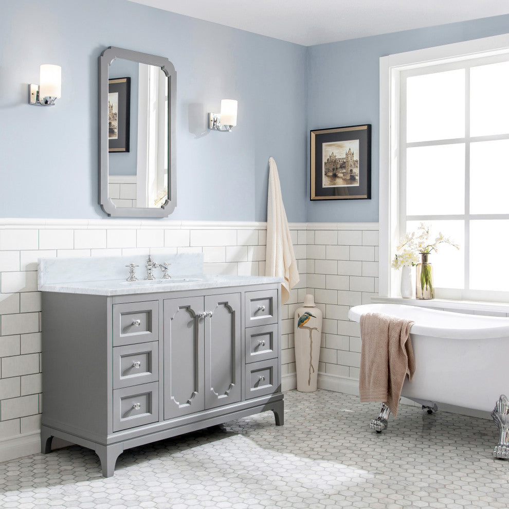 Queen 48 In. Marble Countertop Vanity in Grey with Mirror and Waterfall Faucet