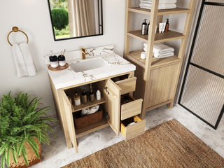 Elizabeth Oak 36" Center Sink Vanity, White 2" Carrara Marble