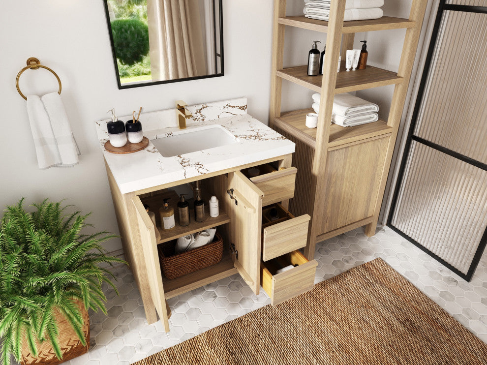 Elizabeth Oak 36" Center Sink Vanity, White 2" Carrara Marble
