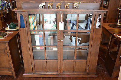 Crafters and Weavers Mission Solid Oak Double-Door Bookcase With Side Shelves