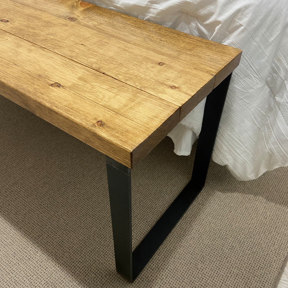 Bedroom or Entryway Bench, Heavy Duty Industrial Metal Legs, Golden Brown, Length 58", Fits Queen Bed