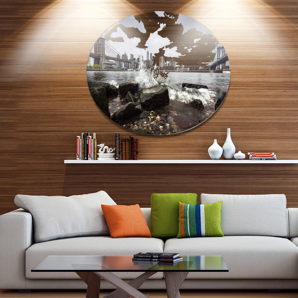 Skyline With Brooklyn Manhattan Bridges, Cityscape Round Wall Art, 23"